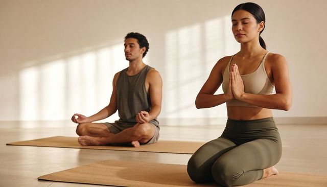 Couple Practicing Mindfulness Yoga: Kneeling Asian Woman Pressing Palms in Serene Studio
