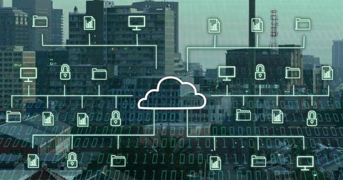 Cloud network overlay above urban skyline showing data flow cybersecurity infrastructure
