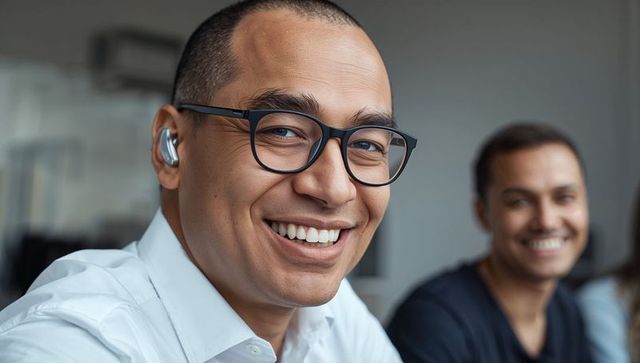 Professional asian man with glasses using earbud in office for communication