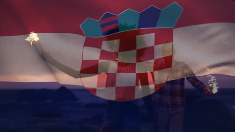 Animated Croatian Flag Overlaid on Friends Enjoying Beach