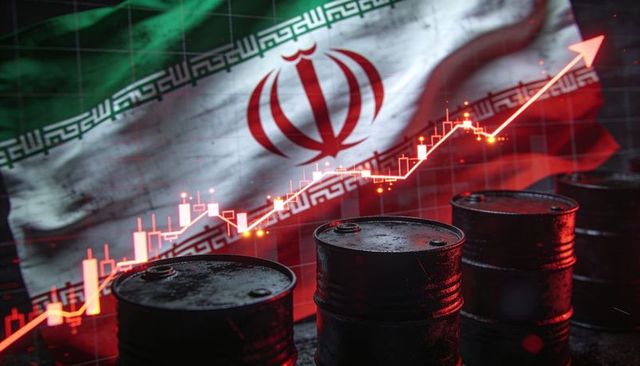 Iran oil market surging: crude barrels with rising candlestick chart and national flag