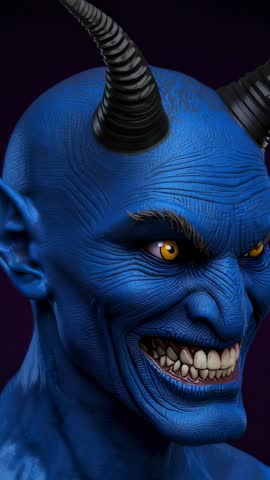 Vertical Fantasy Video Rotating Blue Demon Head with Horns and Golden Eyes
