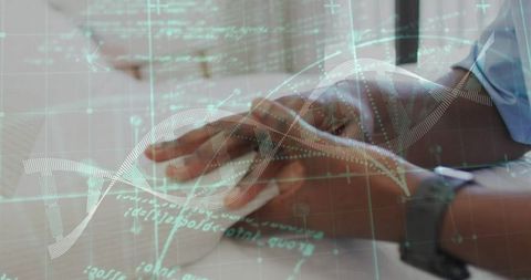 Hands holding during medical consultation with dna helix hologram overlay conveying trust