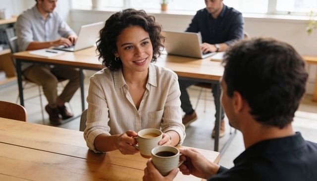 Curly Woman Sharing Coffee with Man in Bright Coworking Space Promoting Collaboration