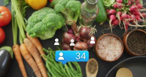 Social Followers Notification Overlaying Fresh Vegetable Flatlay for Food Influencer Marketing