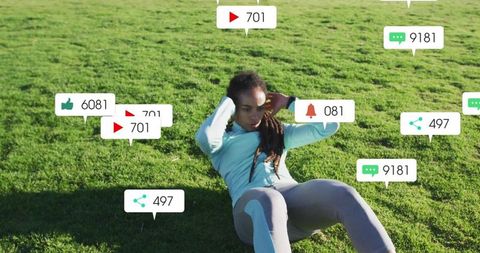 Woman Exercising Outdoors with Social Media Icons Overlay