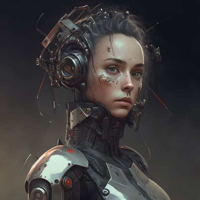 Futuristic cyborg woman with advanced robotic features and realistic human expression. Ideal for sci-fi films, video games, and technology articles emphasizing advancements in artificial intelligence and robotics.