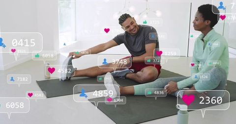 Partners stretching on yoga mats with social media engagement overlays for fitness