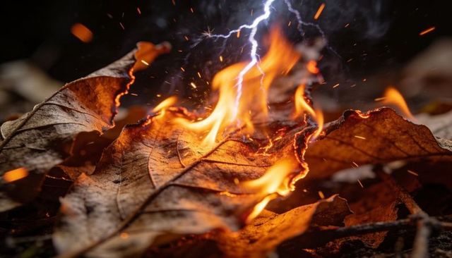 Lightning-struck dry oak leaves burning with sparks and ember glow close-up charred texture