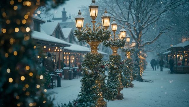 Enchanting Winter Market with Illuminated Street Lamps