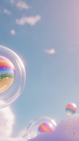 Vertical video of rising soap bubbles drifting from cloud with rainbow spheres across blue sky