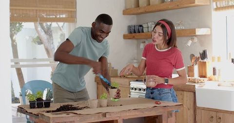 Diverse couple potting seedlings together in cozy kitchen