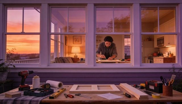 Measuring wood on kitchen countertop during sunset, home woodworking and diy workshop