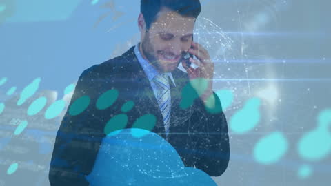 Businessman on Smartphone Surrounded by Digital Data Visualization