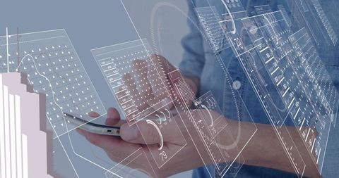 Man holding smartphone navigating futuristic hud data overlays for mobile interface design