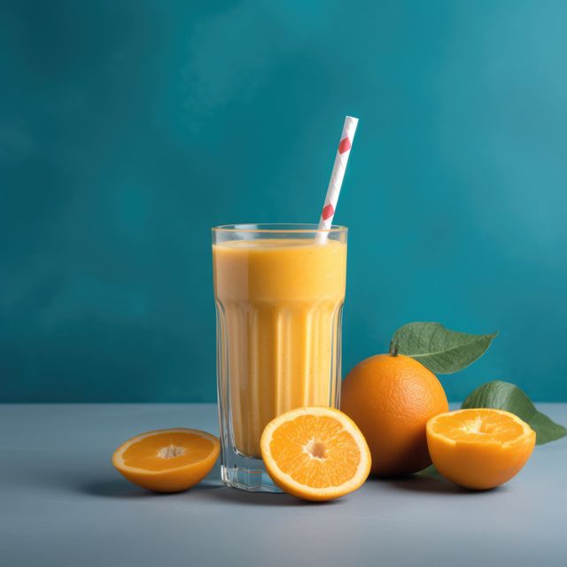 Orange smoothie and oranges on blue background, created using generative ai technology. Fruit smoothie, food and drink, healthy eating concept digitally generated image.