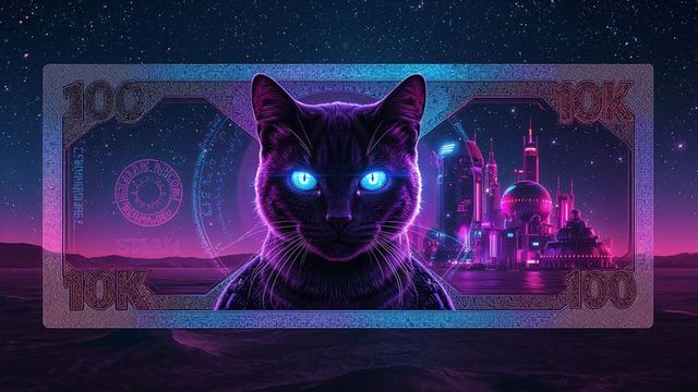 Futuristic cat with glowing eyes on alien currency in neon sci-fi world