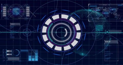 Futuristic Circular HUD Interface with Segmented Rings, Neon Telemetry and Data Grid