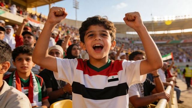 Cheering young fan raising fists in stadium wearing striped national flag jersey