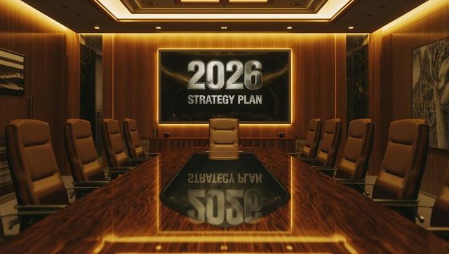 Modern boardroom displaying 2026 strategy plan in luxury setting