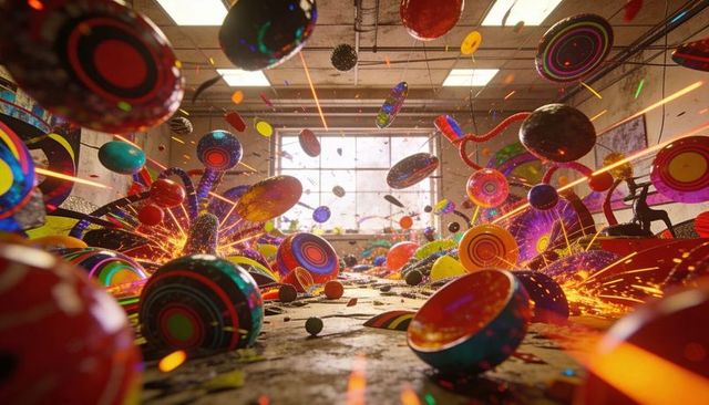 Neon discs and orbs colliding in industrial space producing sparks, streaks, confetti
