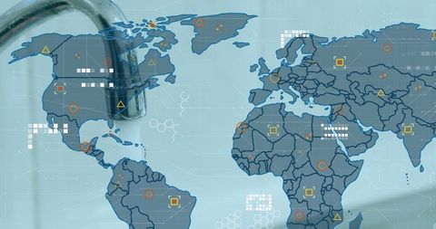 Digital World Map Overlay with Faucets Highlighting Global Connectivity