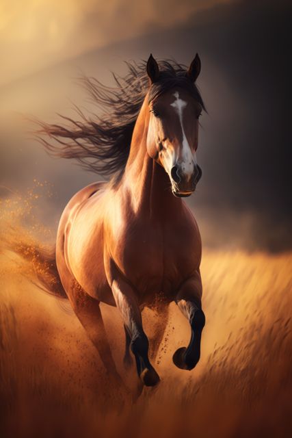 Brown horse running in field, created using generative ai technology. Nature, horse, animal and wildlife concept digitally generated image.