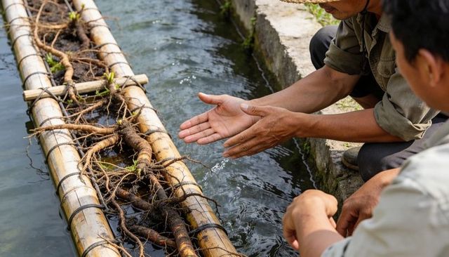 Inspecting floating bamboo raft with plant roots along canal for aquaculture restoration