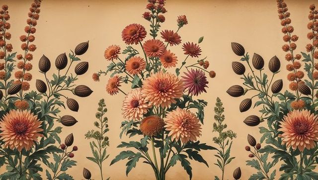 Rustic floral design with mum blooms and seed pods