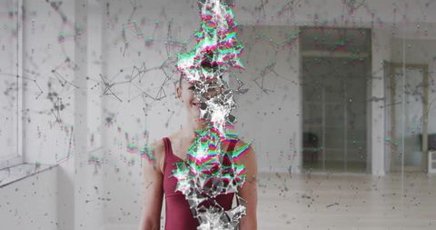 Dancer in maroon leotard facing camera with glitch column and polygon network overlay