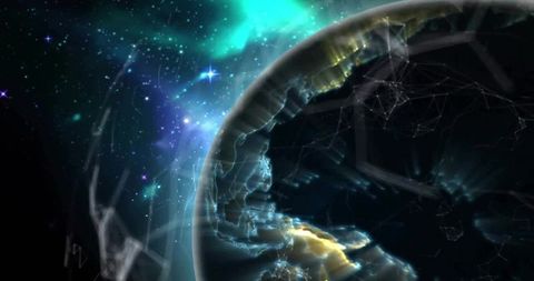 Glowing earth orbiting with golden terminator and teal aurora, futuristic data network