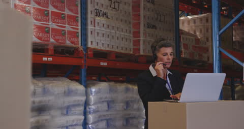 Warehouse Manager Coordinating Logistics on Laptop and Headset