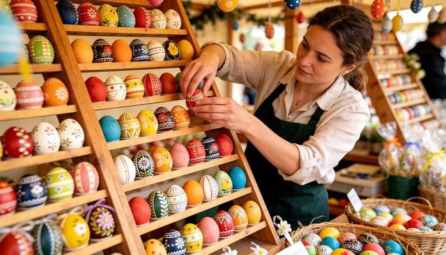 Woman arranging hand-painted easter eggs on wooden display rack at market stall