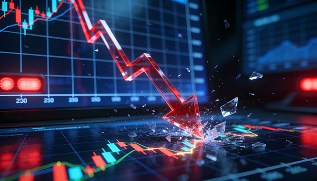 Red downward arrow piercing trading screen with shattered glass and candlestick crash neon