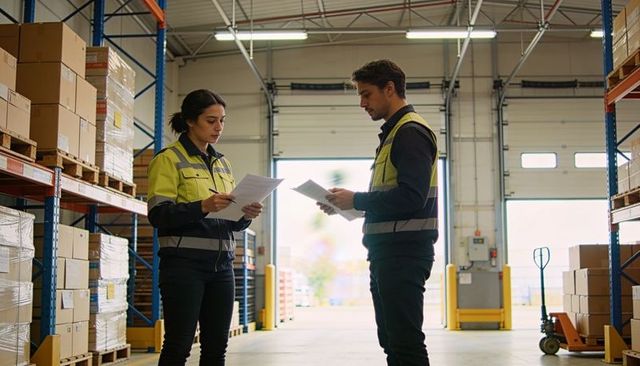 Warehouse team reviewing paperwork in loading bay wearing high visibility safety vests