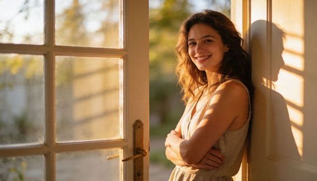 Smiling woman leaning at sunlit doorway wearing sleeveless dress, warm golden glow
