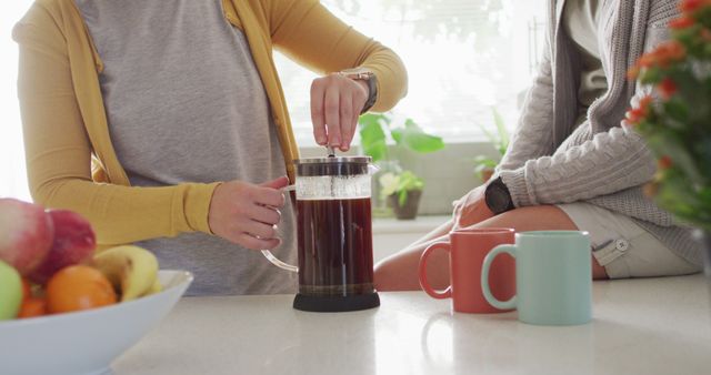 Making Coffee with French Press in Bright Modern Kitchen - Download Free Stock Images Pikwizard.com