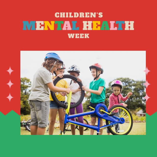 Children gathered outdoors wearing helmets and engaging in fixing a bike. Suitable for promoting mental health awareness, emphasizing the importance of physical activity and teamwork in children's mental wellness, and advertising events or programs for children's mental health.