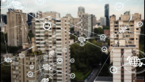 Digital Network Visualized Over Urban Skyline