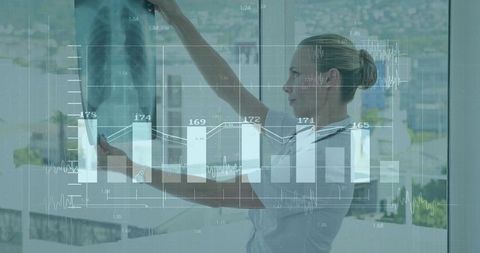 Medical Professional Reviewing X-Ray with Data Analysis Overlay in Urban Setting