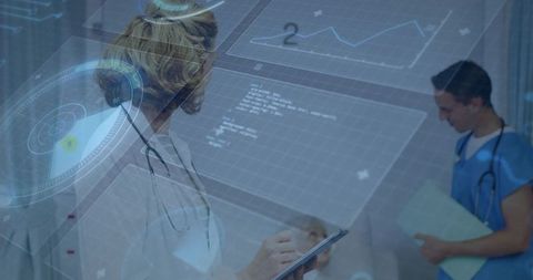 Female doctor taking notes bedside with clipboard HUD overlaying clinical graphs and data