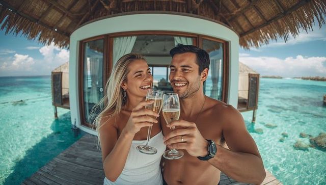 Couple Toasting on Luxury Oceanfront Deck