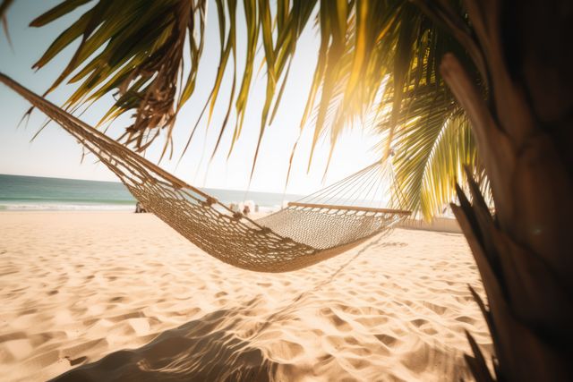Wicker hammock on beach with palm tree, created using generative ai technology. Vacation at the beach in a wicker hammock concept digitally generated image.