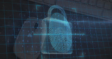 Futuristic Digital Padlock with Fingerprint and Data Grid