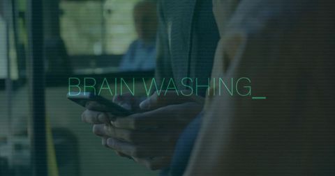 Urban Commuter Scrolling Phone with Brainwashing Text Overlay