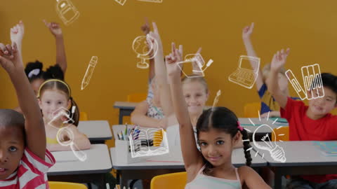 Diverse Classroom with Educational Icons Illustrating Learning Concepts