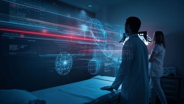 Doctors Analyzing AI Holographic Medical Data and 3D Diagnostic Models Over Exam Table