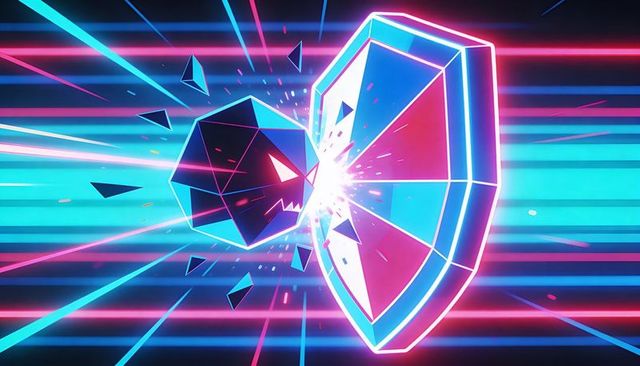 Polyhedron projectile striking glowing shield in neon cyberpunk corridor sending shards
