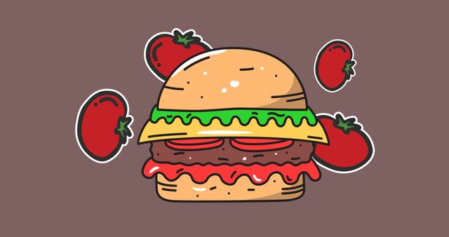 Cartoon burger illustration with visible bun, lettuce, tomato, cheese, and beef patty elements against brown backdrop. Ideal for culinary-themed designs, restaurant menus, food blogs, children’s educational materials, and fun social media content.