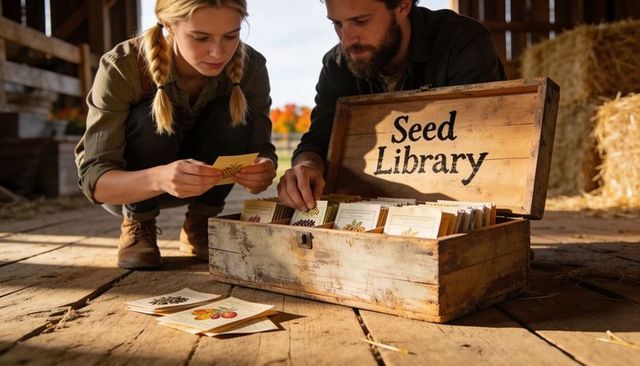 Couple sorting heirloom seed packets from rustic seed library chest in sunlit barn